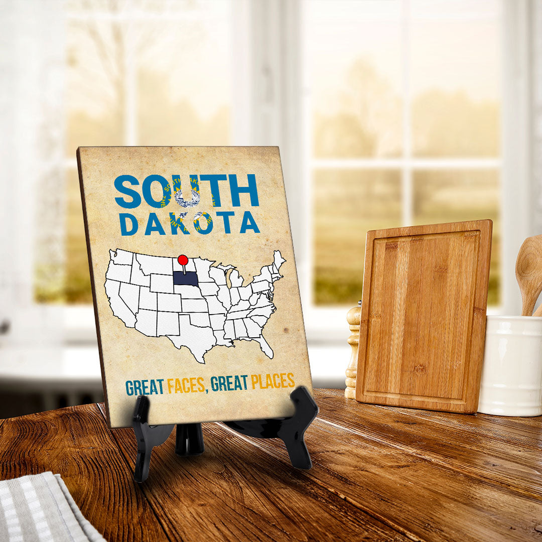 South Dakota: Great Faces, Great Places Table Sign with Acrylic Stand (6x8“) | State Pride Collection | Perfect Gift for Coworkers or Family