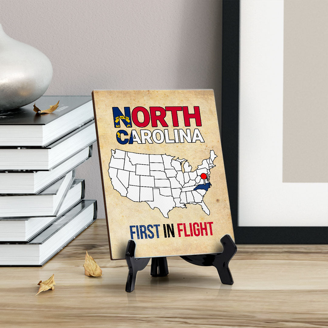 North Carolina: First in Flight Table Sign with Acrylic Stand (6x8“) | State Pride Collection | Perfect Gift for Coworkers or Family