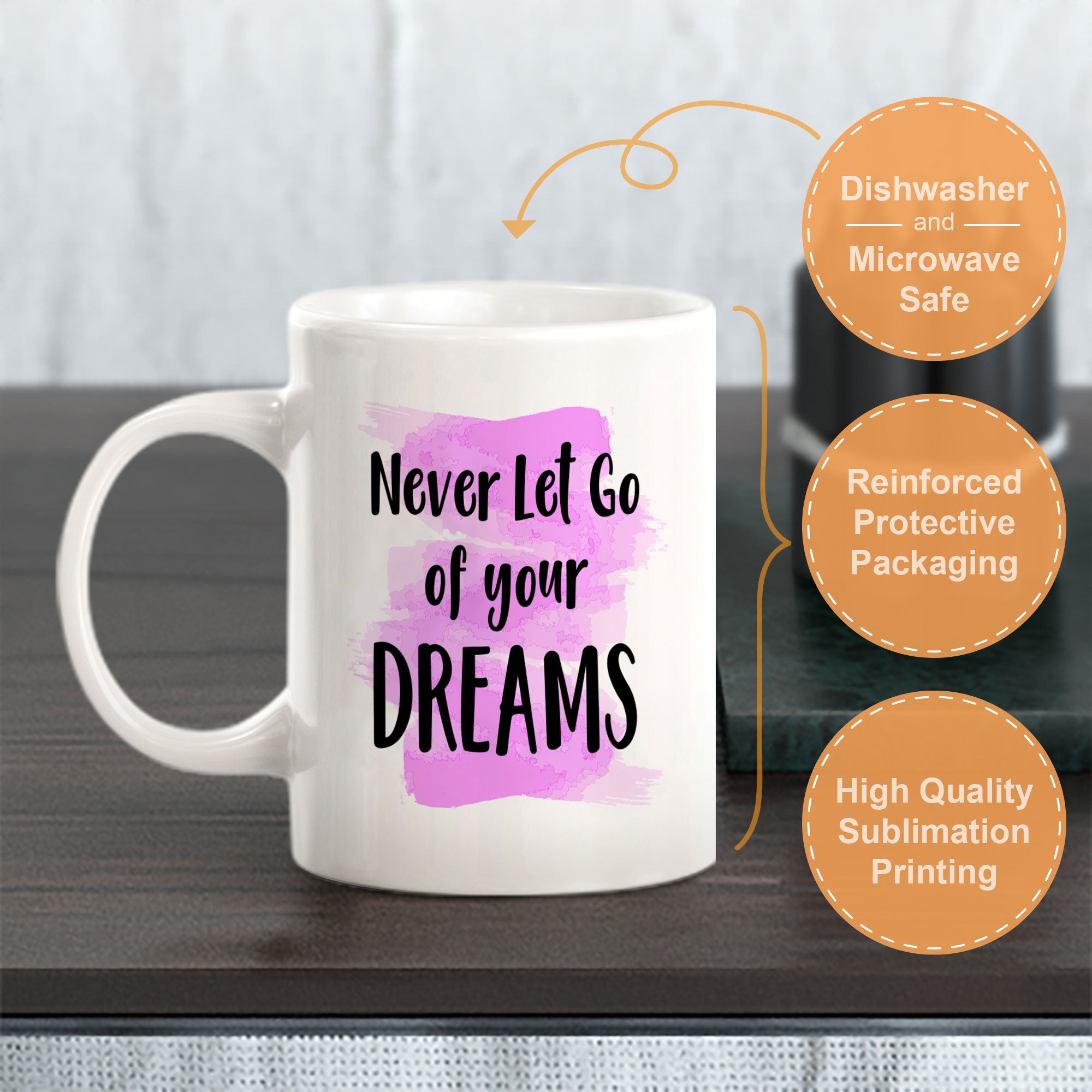 Never Let Go Of Your Dreams 11oz Plastic or Ceramic Mug | Inspirational & Motivational Quotes