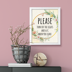 Signs ByLITA Please Turn Off The Lights And A/C When You Leave, Floral FRAMED Print Short Term Rentals Guest Signage Hospitality Wall Art