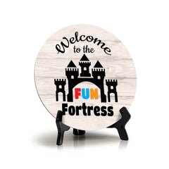 Signs ByLITA Circle Welcome to the Fun Fortress Wood Color, Entrance Decor Table Sign (5"x5")