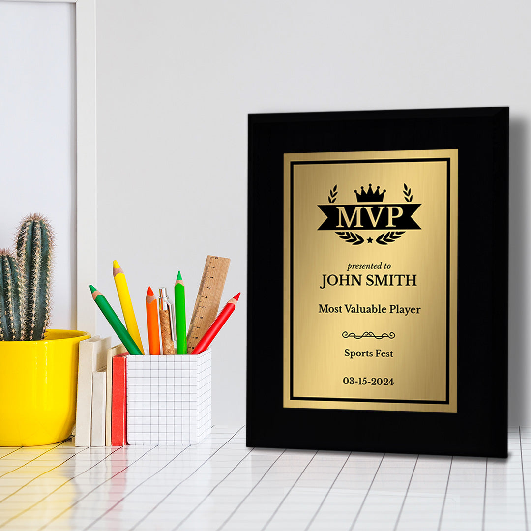 MVP (Most Valuable Player) Customizable Black Frame Award Plaque | Easel Mount Option | Achievement and Recognition Personalizable Plaques