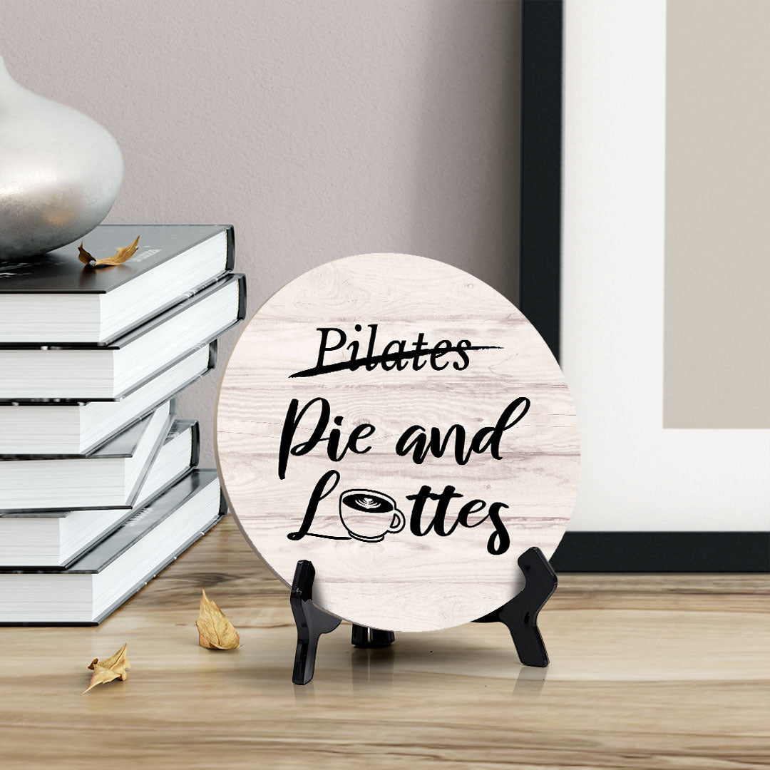 Round Pilates (Crossed Out), Pie and lattes (Bold) Wood Color, Circle Table Sign (5x5")