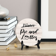 Round Pilates (Crossed Out), Pie and lattes (Bold) Wood Color, Circle Table Sign (5x5")