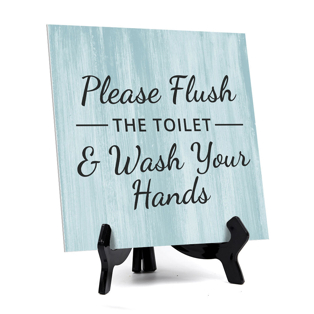 Signs ByLITA Please Flush The Toilet & Wash Your Hands, Wood Color, Square Table Sign (5" x 5”)