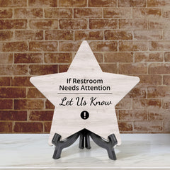 Sign ByLITA If Restroom Needs Attention Let Us Know, Wood Color, Star Table Sign (6"x5")