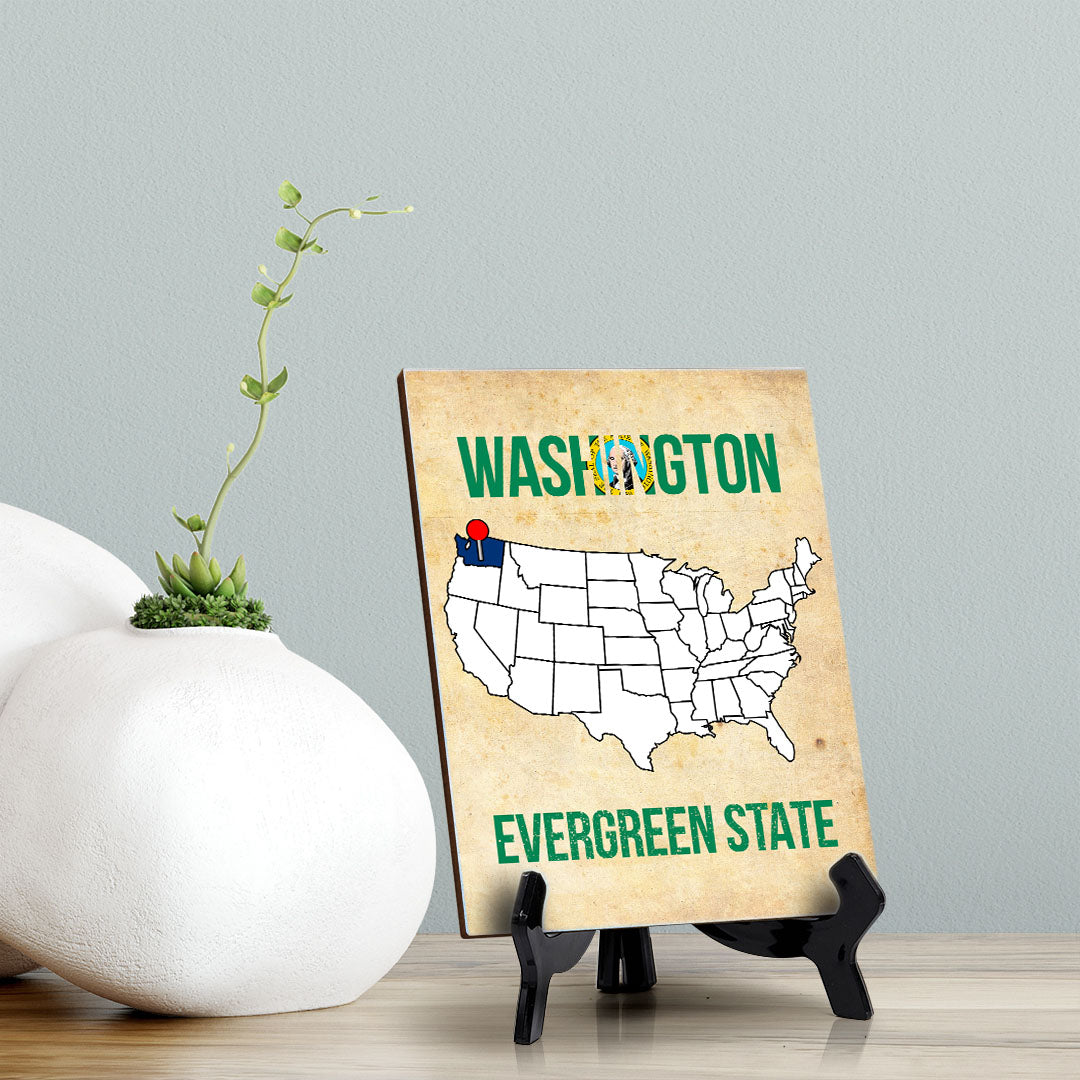 Washington: Evergreen State Table Sign with Acrylic Stand (6x8“)| State Pride Collection | Perfect Gift for Coworkers or Family