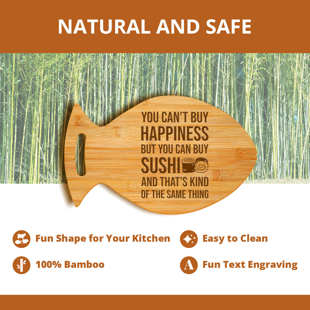 You Can't Buy Happiness But You Can Buy Sushi 14 x 8.5" Fish Shape Cutting Board | Decorative Kitchen Accessory For Sushi Lovers