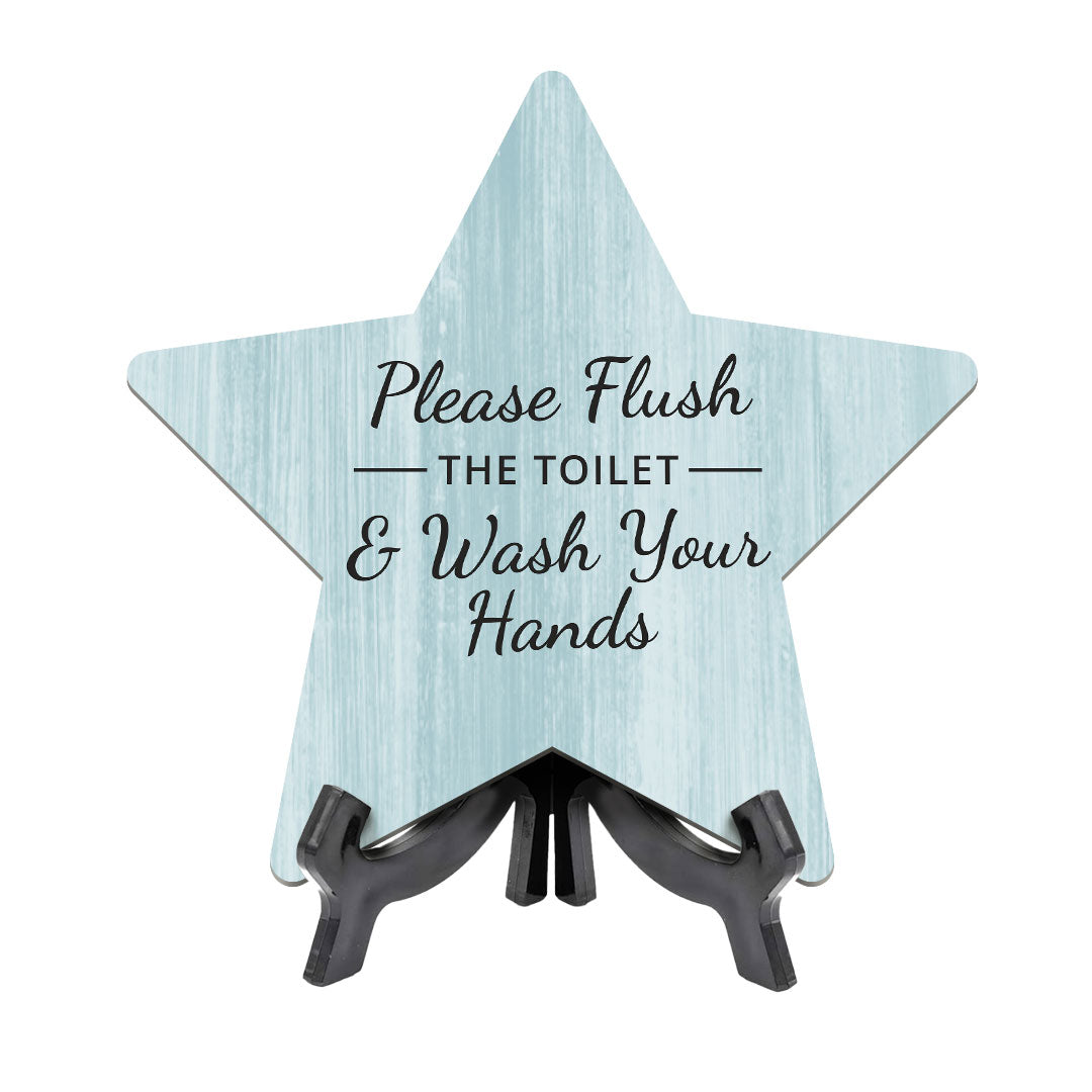 Sign ByLITA Please Flush The Toilet & Wash Your Hands, Wood Color, Star Table Sign (6"x5")