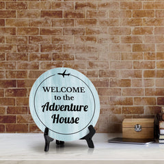 Sign ByLITA Circle Welcome to the Adventure House Wood Color, Entrance Decor Table Sign (5"x5")