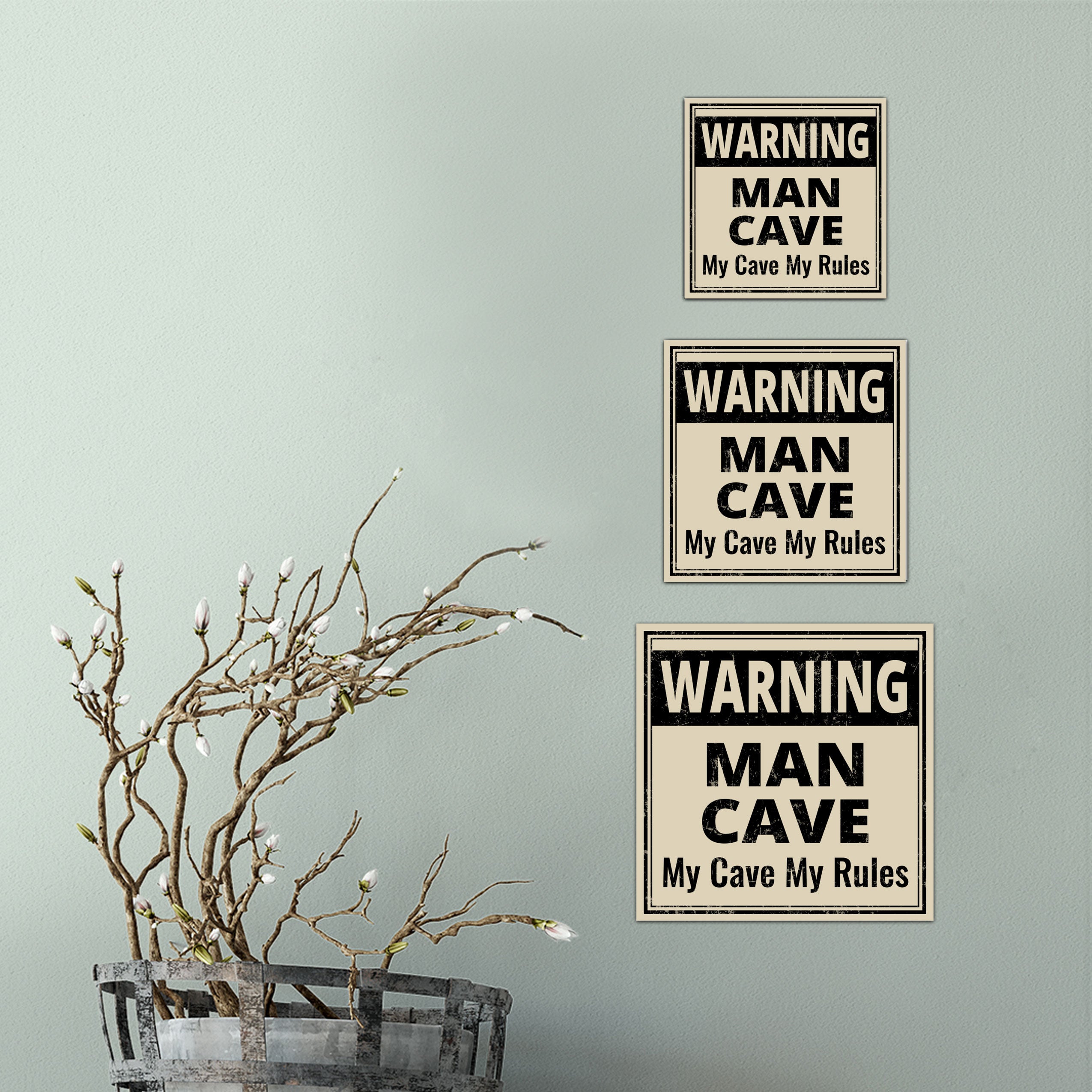 Square Plus Warning Man Cave My Cave My Rules Wall or Door Sign | Easy Installation | Funny Home Decor for Garage Bar Workshops