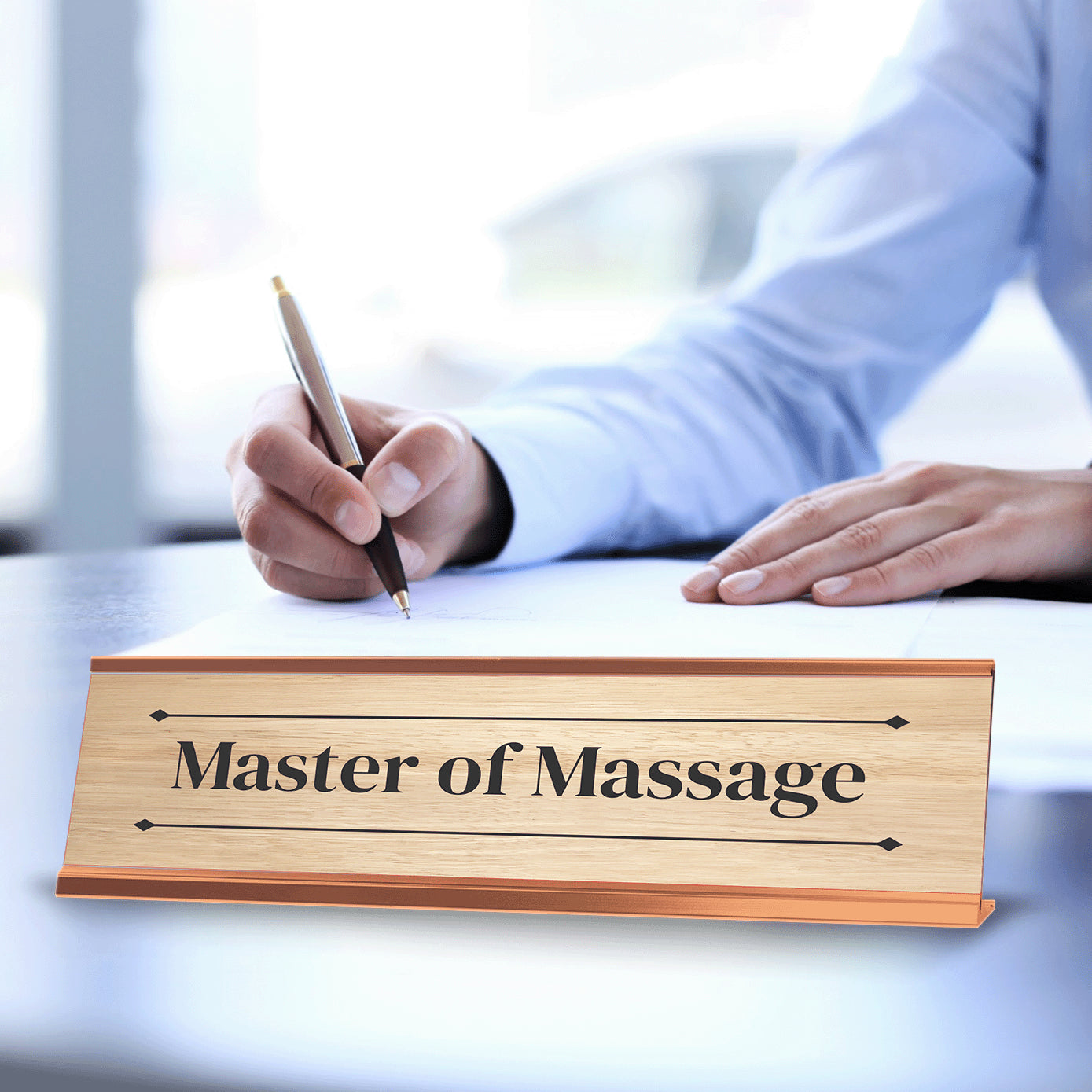 Master of Massage Rose Gold Frame Desk Sign (2x8") Novelty Workplace and Home Office Decoration For Him