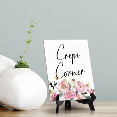 Crepe Corner Table Sign with Easel, Floral Watercolor Design (6" x 8")