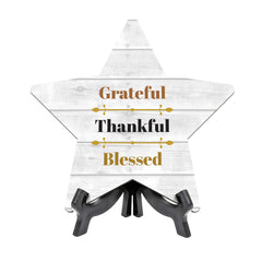 Sign ByLITA Grateful, Thankful, Blessed, Wood Color, Star Table Sign (6"x5")