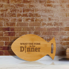 What the Fork Is For Dinner (14 x 8.5") Fish Shape Cutting Board | Funny Decorative Kitchen Chopping Board