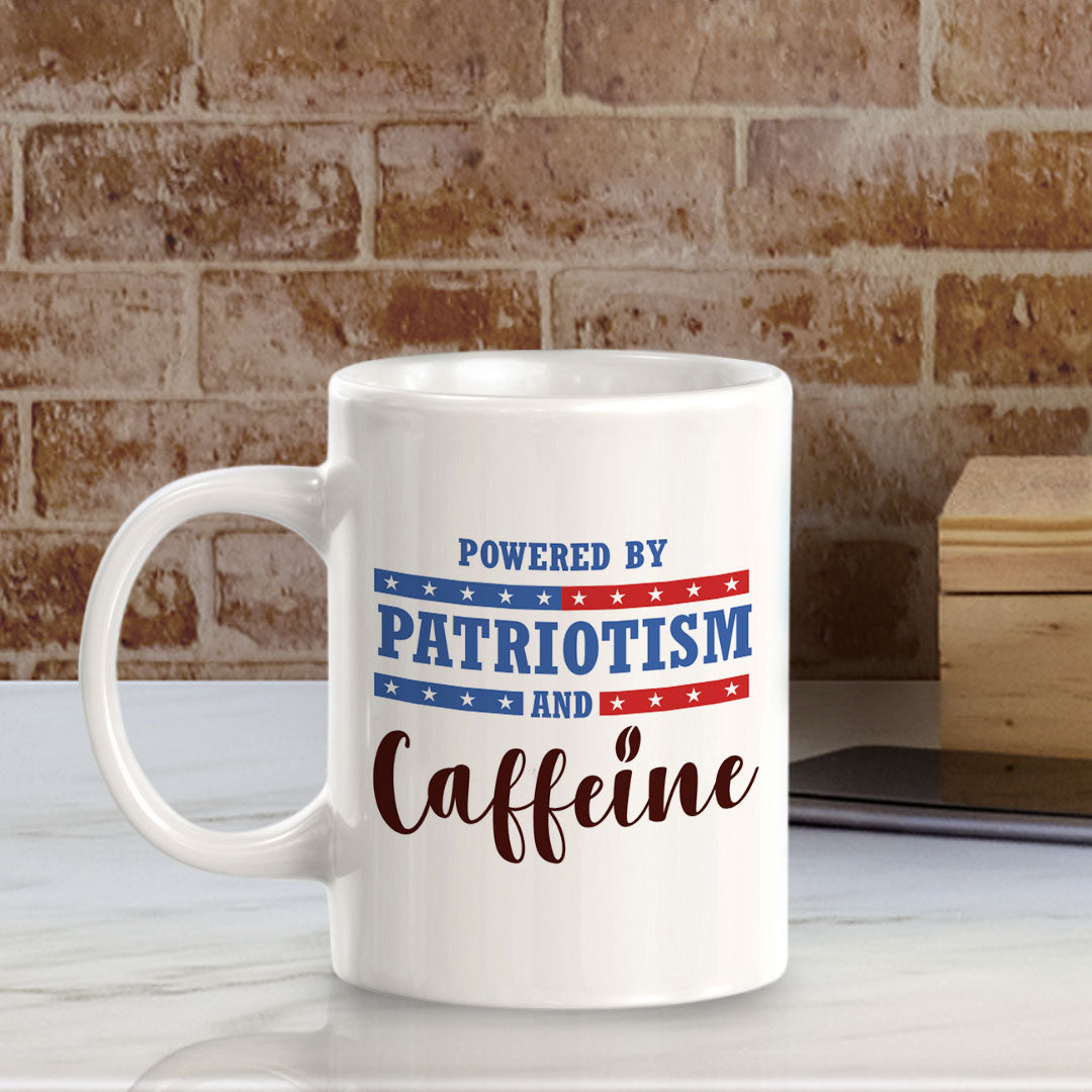Powered By Patriotism And Caffeine 11oz Plastic or Ceramic Mug | Funny Patriotic Novelty Office Mug