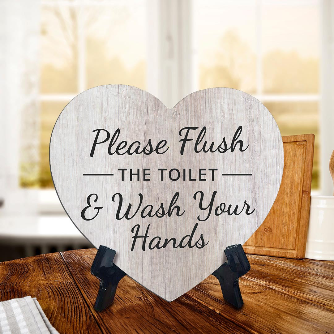 Signs ByLITA Heart Please Flush The Toilet & Wash Your Hands, Wood Color, Table Sign (6"x5")