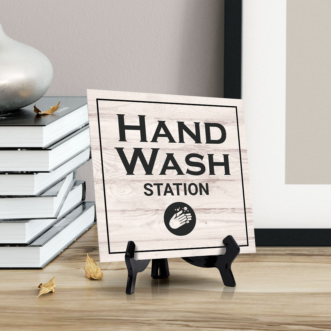 Signs ByLITA Hand Wash Station, Wood Color, Square Table Sign (5" x 5”)