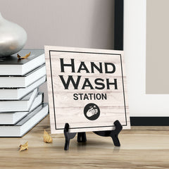 Signs ByLITA Hand Wash Station, Wood Color, Square Table Sign (5" x 5”)