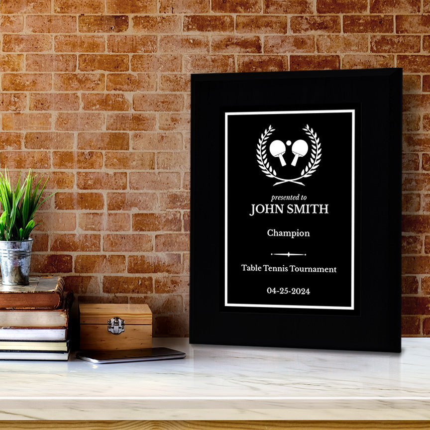Table Tennis Customizable Black Frame Wooden Award Plaque | Easel Mount Option | Achievement and Recognition Personalizable Plaques | Sports Award