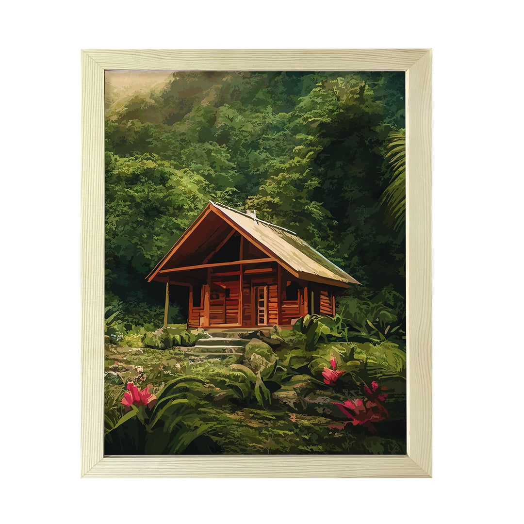 Tropical Jungle Cabin Retreat, Framed Print Sign Easy Installation | Forest and Trees | Stylish Modern Decoration For The Home and Officer
