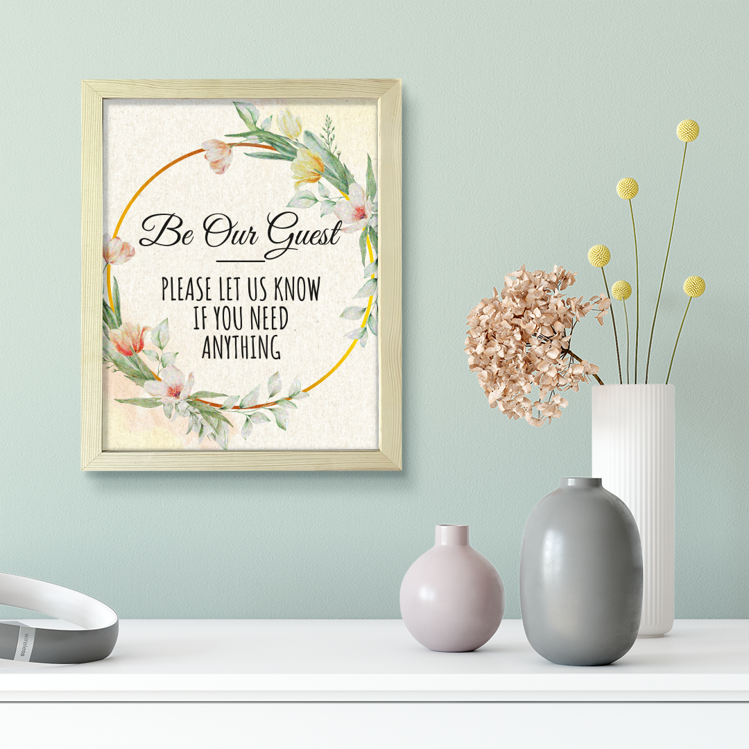 Signs ByLITA Be Our Guest - Please Let Us Know If You Need Anything, Floral FRAMED Print Short Term Rentals Guest Signage Hospitality Wall Art