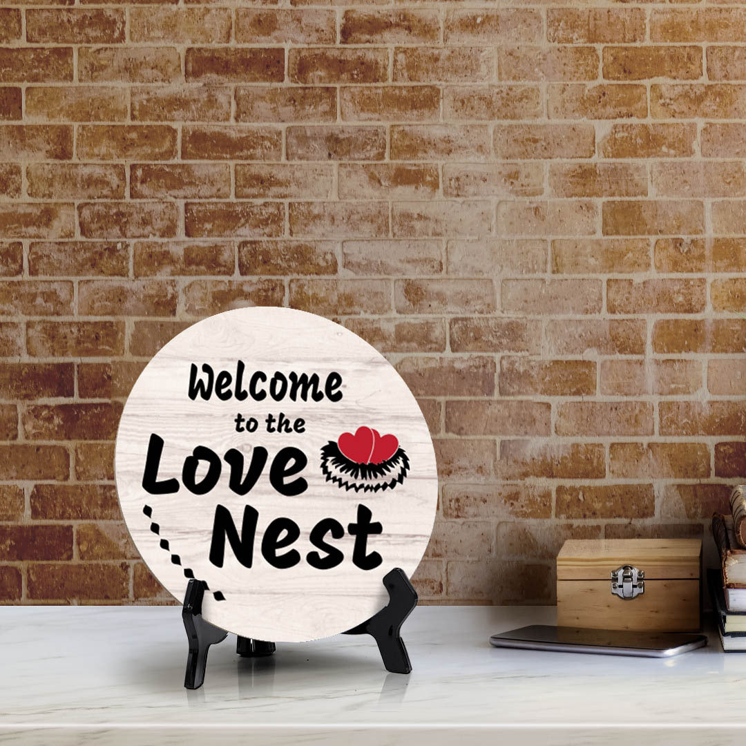 Signs ByLITA Circle Welcome to the Love Nest Wood Color, Entrance Decor Table Sign (5"x5")