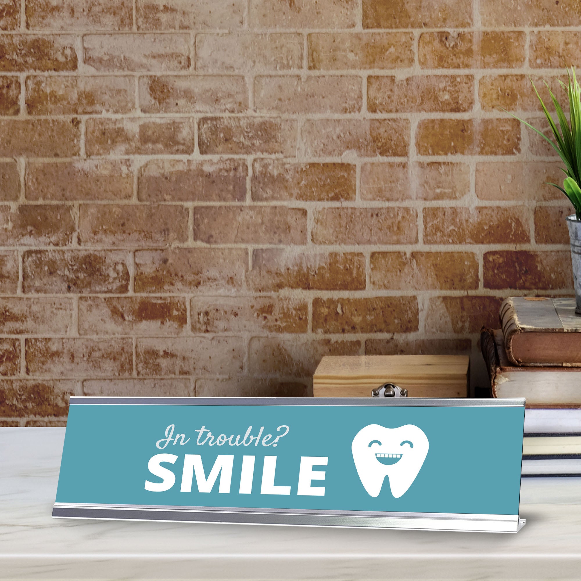 Signs ByLITA In trouble? Smile Dental Office Decor Silver Frame, Desk Sign (2x8“)