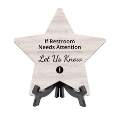 Sign ByLITA If Restroom Needs Attention Let Us Know, Wood Color, Star Table Sign (6"x5")