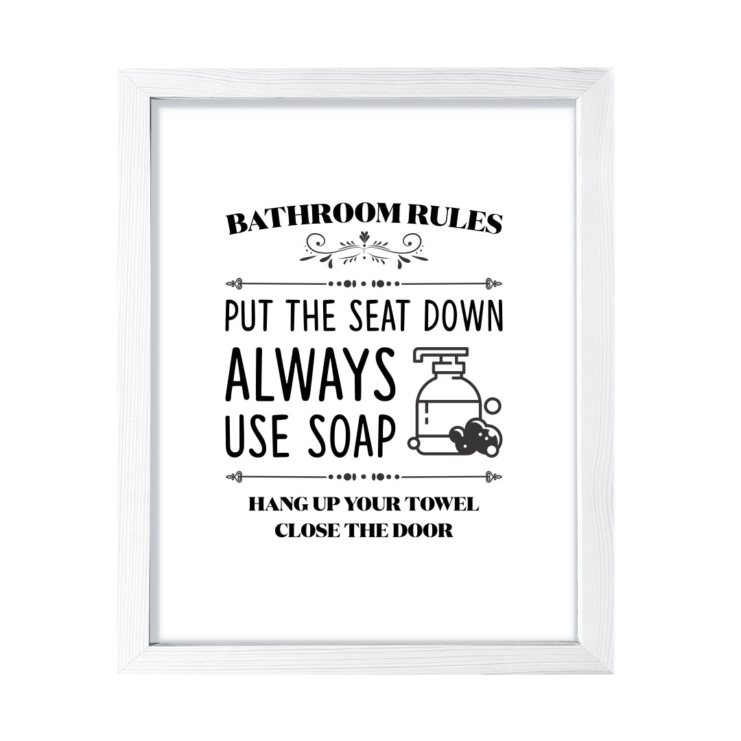 Bathroom Rules Put The Seat Down, Framed Wall Art, Home Décor Prints