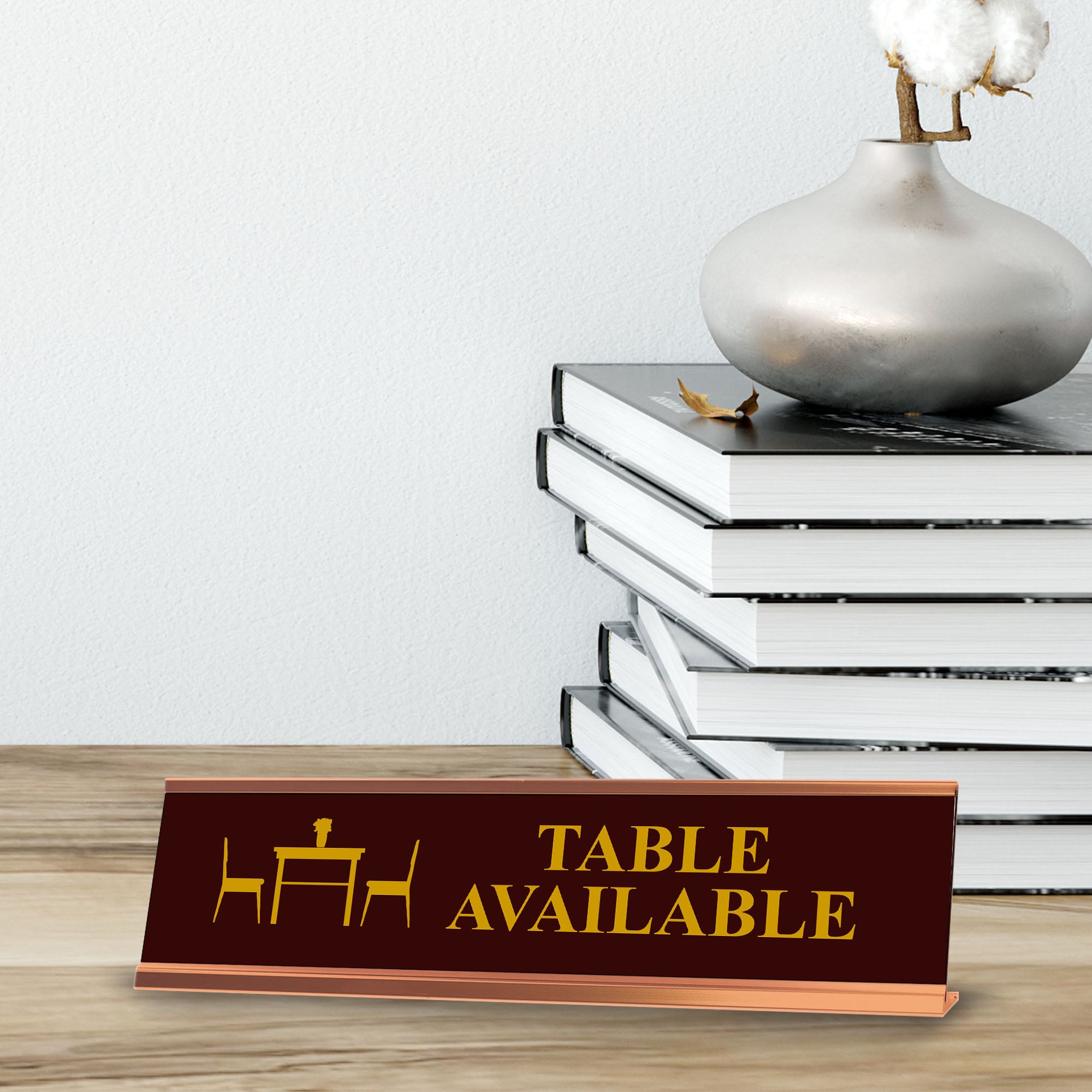 Table Available, Brown Silver Frame, Desk Sign (2x8")