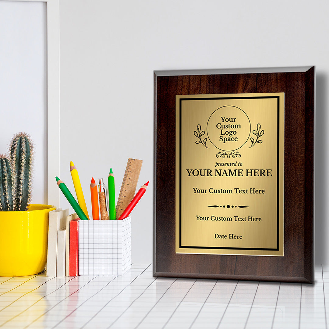 Custom Insert Your Logo (Circle) Wreath Award Wooden Plaque | Recognition of Achievement and Service Personalizable Plaques