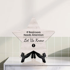 Sign ByLITA If Restroom Needs Attention Let Us Know, Wood Color, Star Table Sign (6"x5")