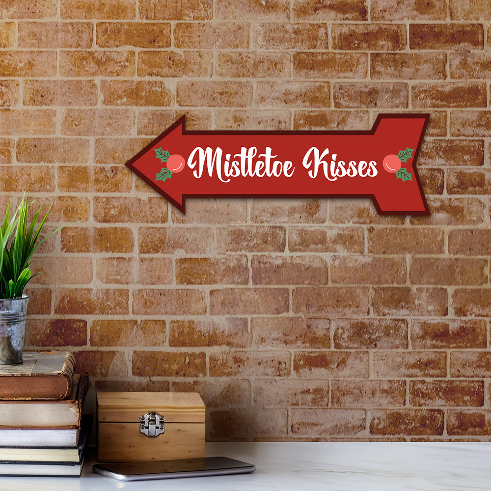 Arrow Shape Plus Mistletoe Kisses 12x4" Wall or Door Sign | Christmas Holiday Decoration