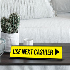 Use Next Cashier, Yellow Black Frame, Desk Sign (2x8")