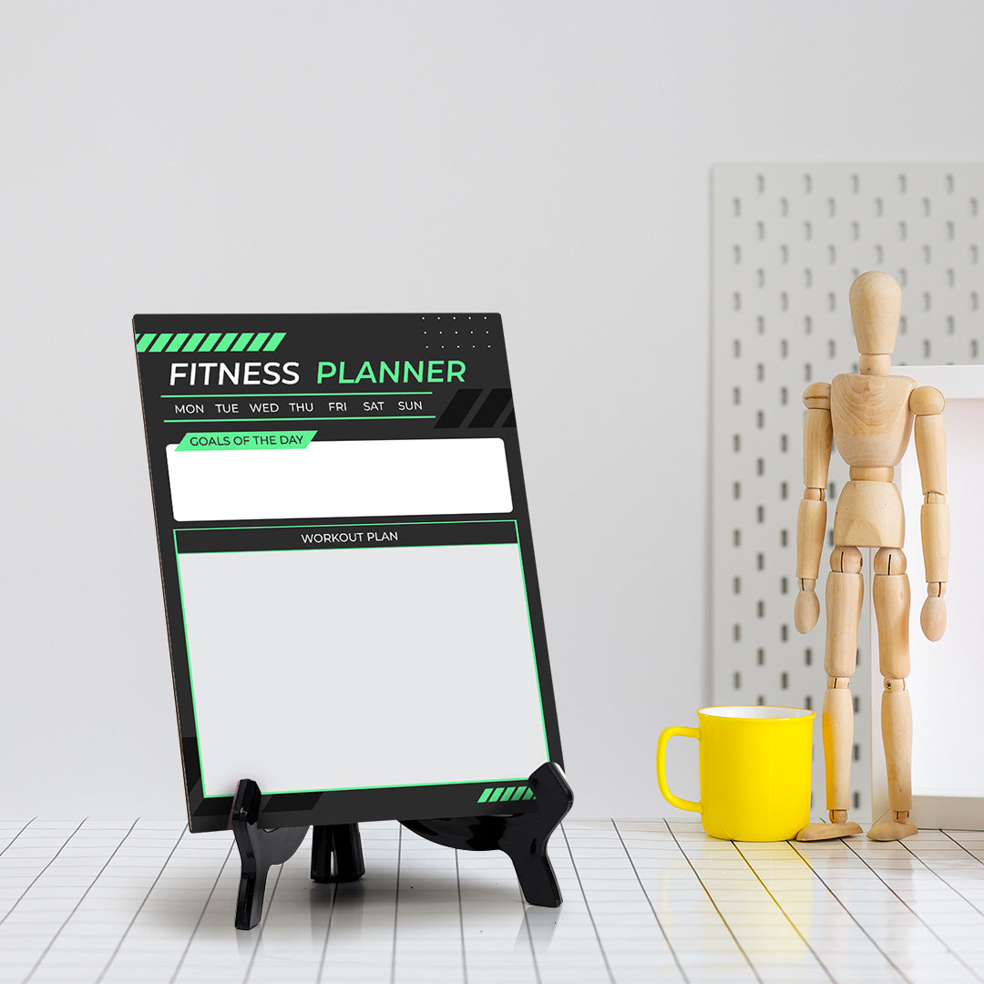 Fitness Planner Dry Wipe Table Sign with Acrylic Stand (6x8“) Office And Home Reminders | Personal Schedule | No Pen Included