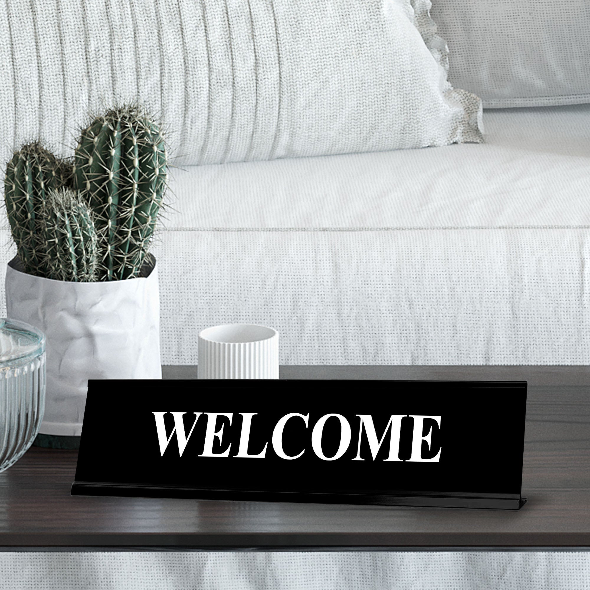 Welcome, Black Frame, Desk Sign (2x8")