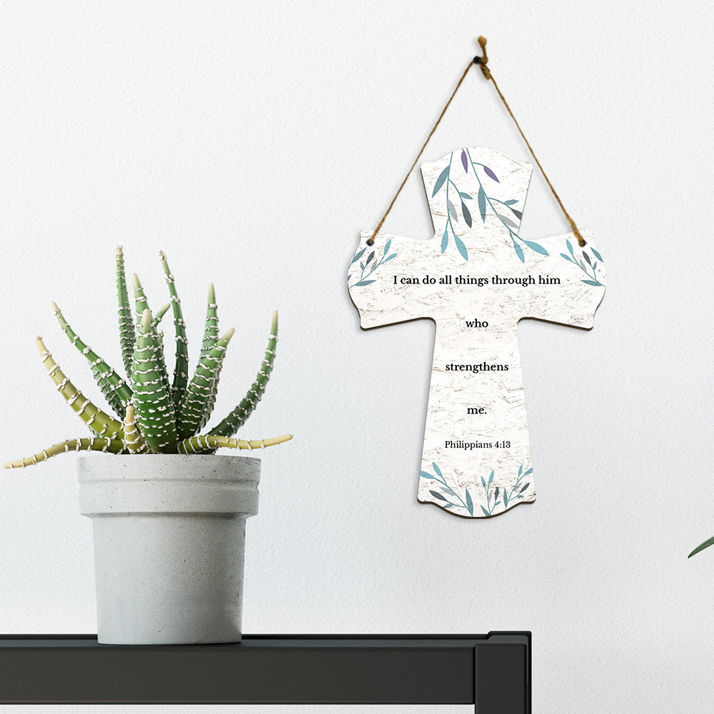 I can do all things through him who strengthens me. Philippians 4:13 11.5" x 8" Cross Hanging Sign | Rustic Twine | Inspiring Religious Bible Decor
