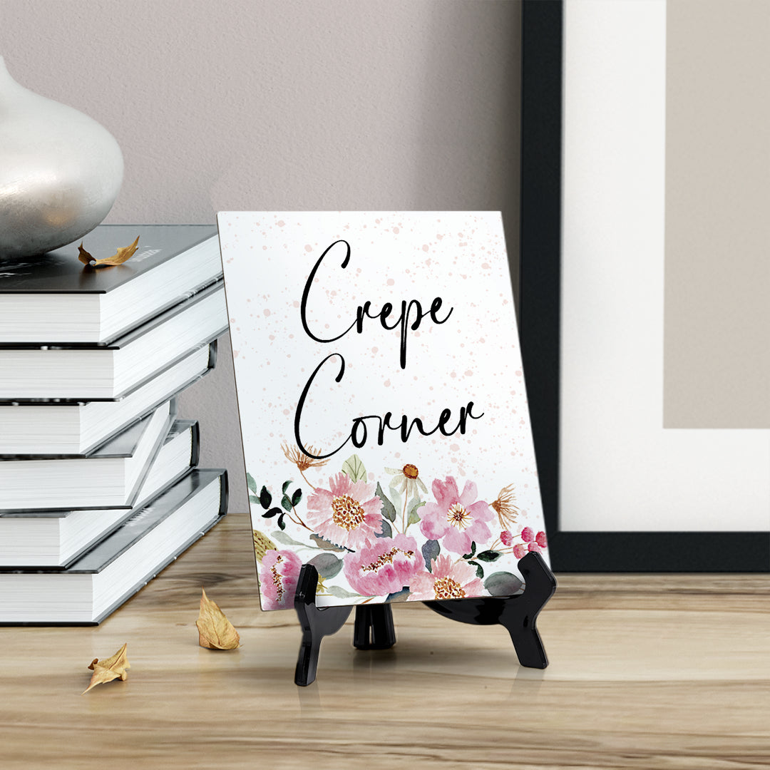 Crepe Corner Table Sign with Easel, Floral Watercolor Design (6" x 8")