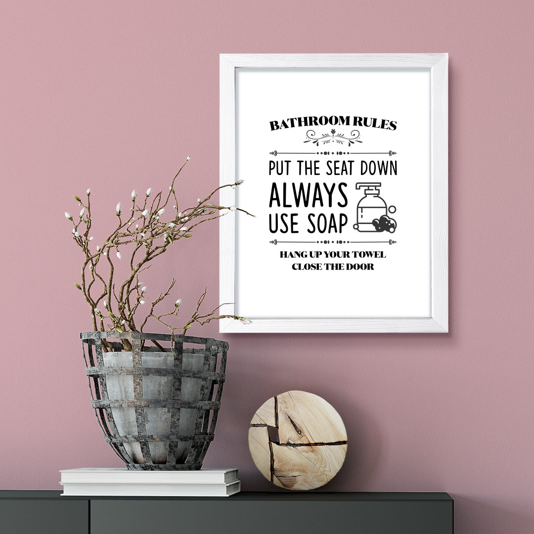 Bathroom Rules Put The Seat Down, Framed Wall Art, Home Décor Prints