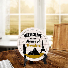 Signs ByLITA Circle Welcome to the House of Wonders Wood Color, Entrance Decor Table Sign (5"x5")