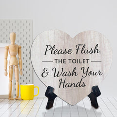 Signs ByLITA Heart Please Flush The Toilet & Wash Your Hands, Wood Color, Table Sign (6"x5")