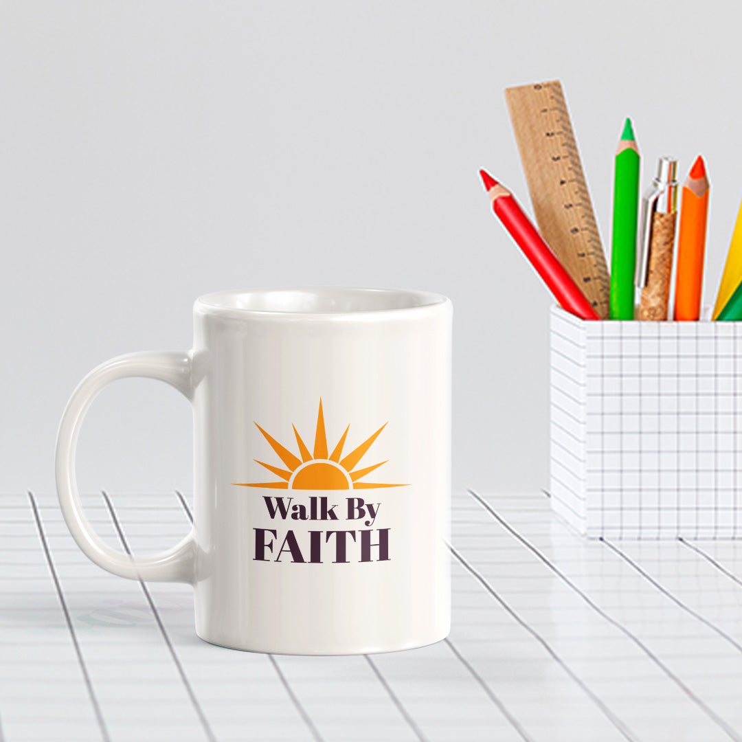Walk By Faith 11oz Plastic/Ceramic Coffee Mug Office And Home | Religious Sayings | Family And Friends