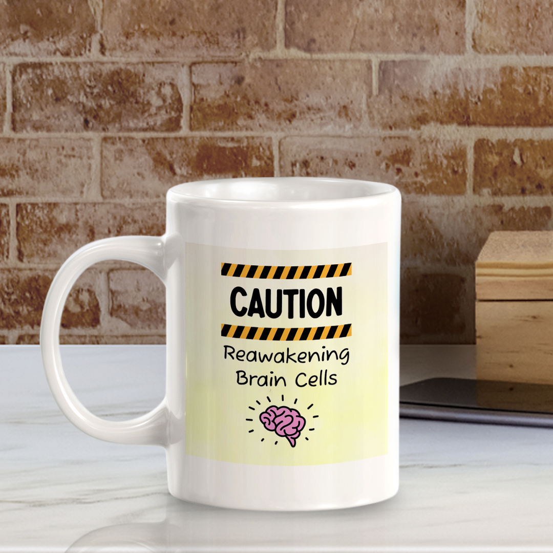 Caution: Reawakening Brain Cells 11oz Plastic/Ceramic Coffee Mug Easy Installation | Office & Home | Funny Novelty Gifts