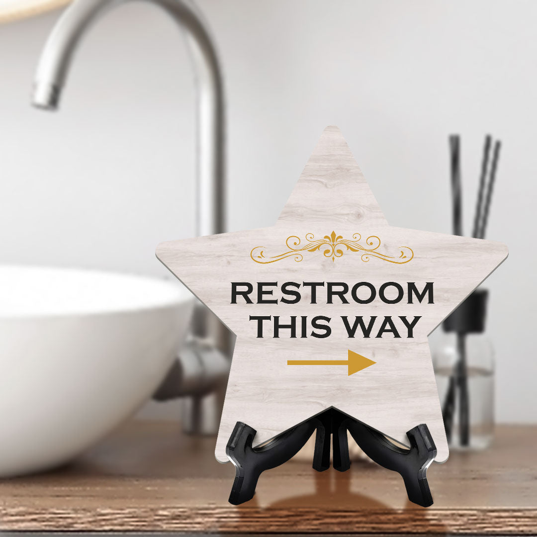 Sign ByLITA Restroom This Way, Wood Color, Star Table Sign (6"x5")
