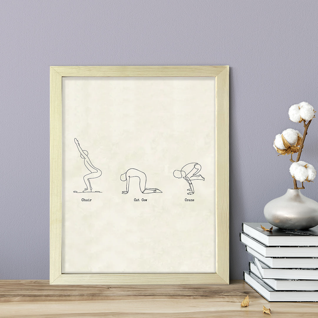 Chair, Cat Cow, Crane Yoga Pose, FRAMED Print Yoga Wall Art