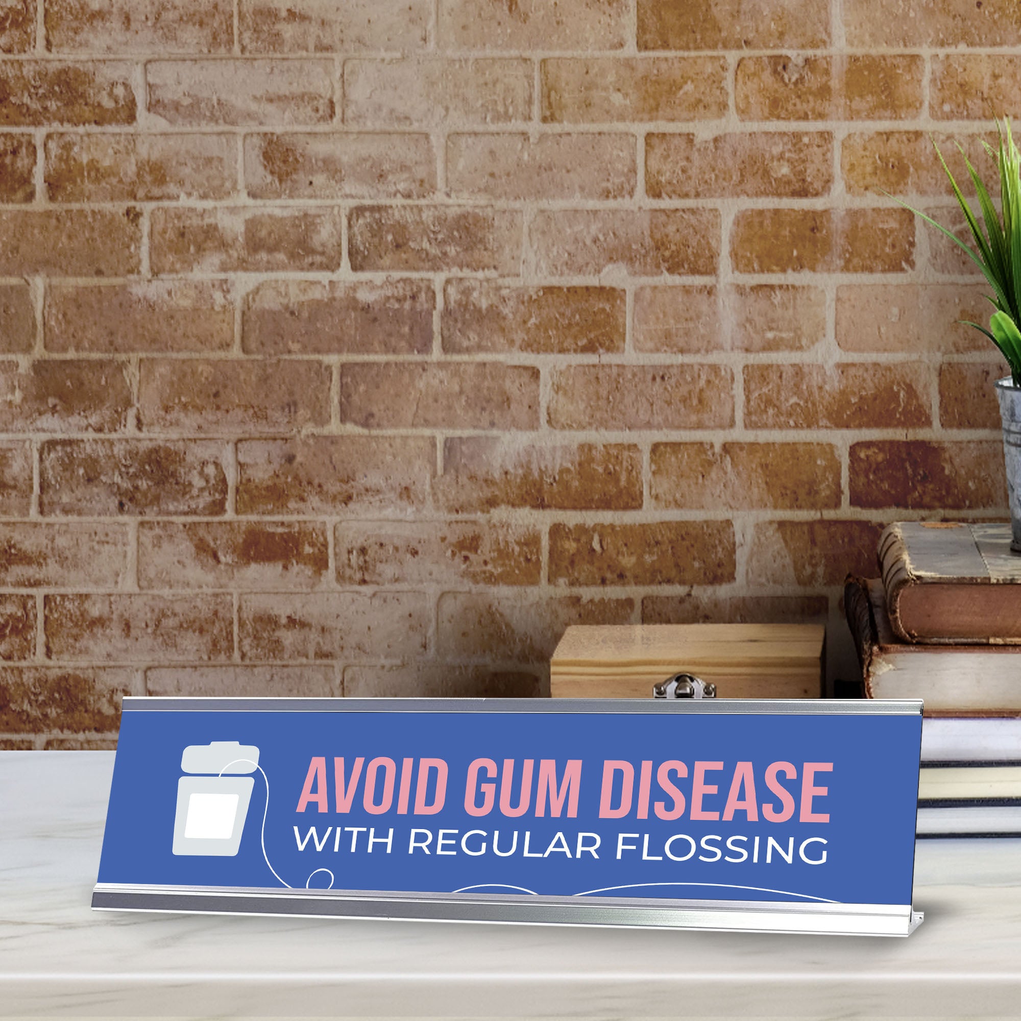 Signs ByLITA Avoid Gum Disease with Regular Flossing Dental Office Decor Silver Frame, Desk Sign (2x8“)