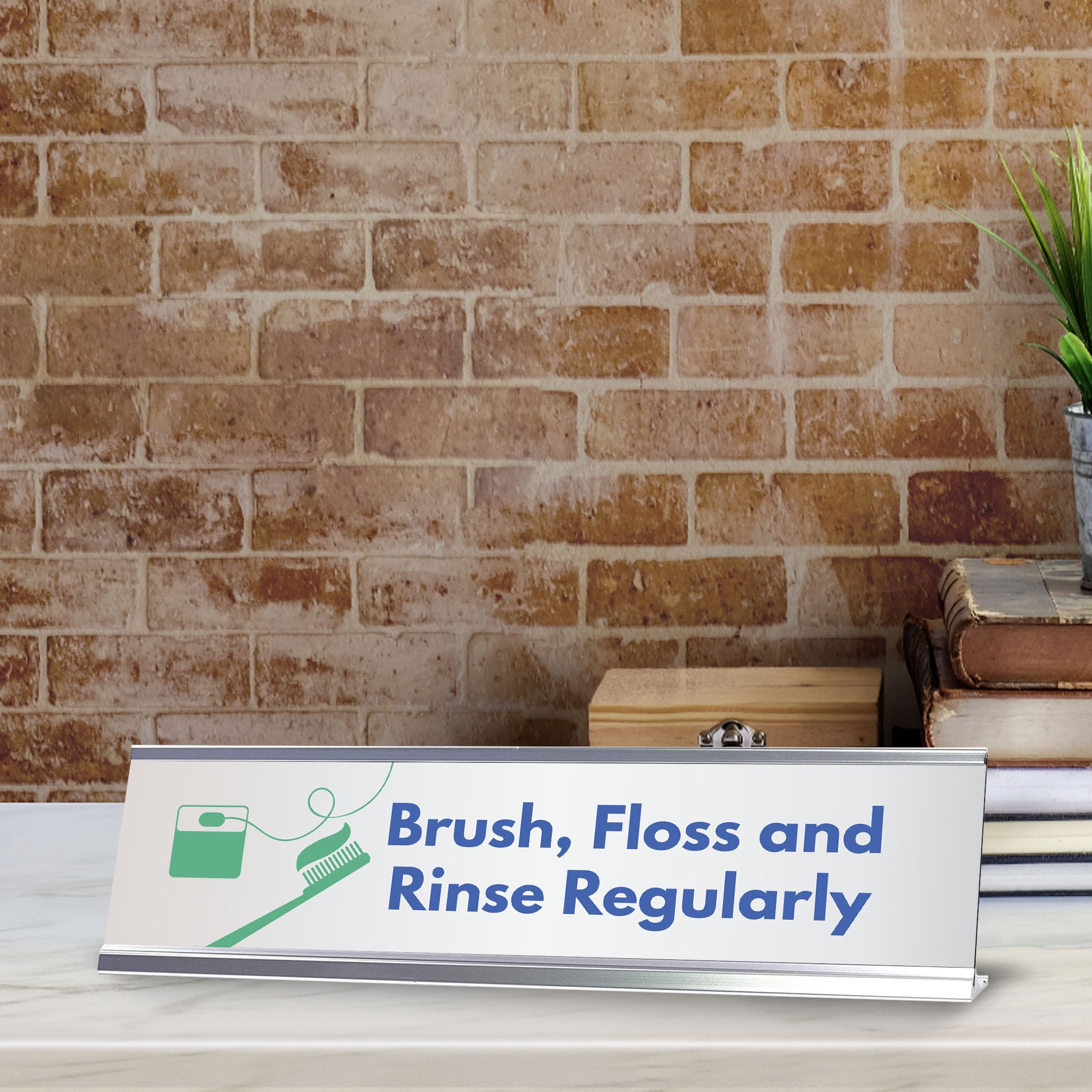 Signs ByLITA Brush, Floss and Rinse Regularly Dental Office Decor Silver Frame, Desk Sign (2x8“)