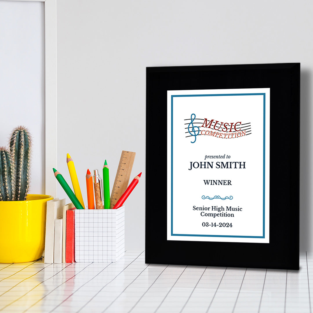 Music Competition Customizable Black Frame Award Plaque | Easel Mount Option | Achievement and Recognition Personalizable Plaques