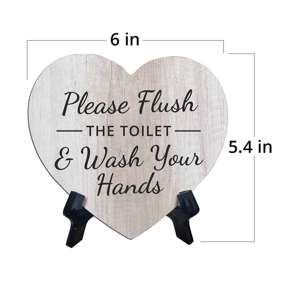Signs ByLITA Heart Please Flush The Toilet & Wash Your Hands, Wood Color, Table Sign (6"x5")
